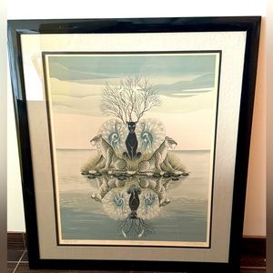 Gustavo Novoa Signed 165/275 MIRAGE Art Deco Leopard PEACOCK Litho Framed 1979